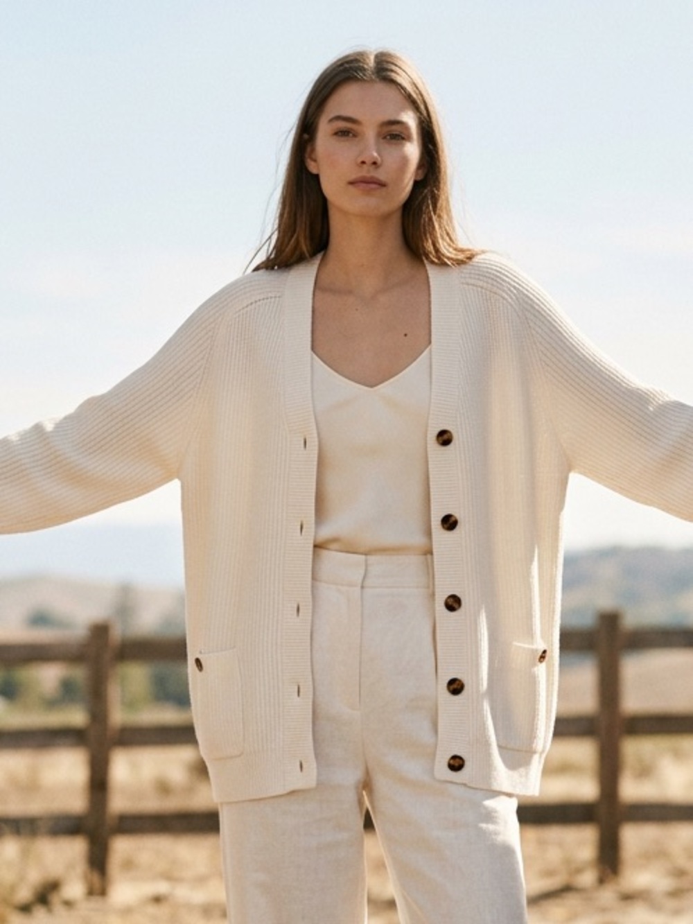 Women’s Cream Ribbed Button Cardigan Sweater - Picture 4 of 16